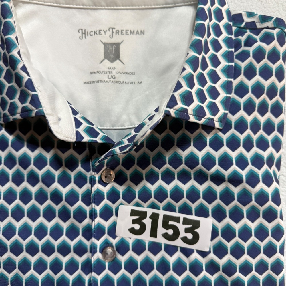 Hickey Freeman Golf Polo Mens Large Blue Geometric Honeycomb Excellent Stretch - Picture 10 of 10